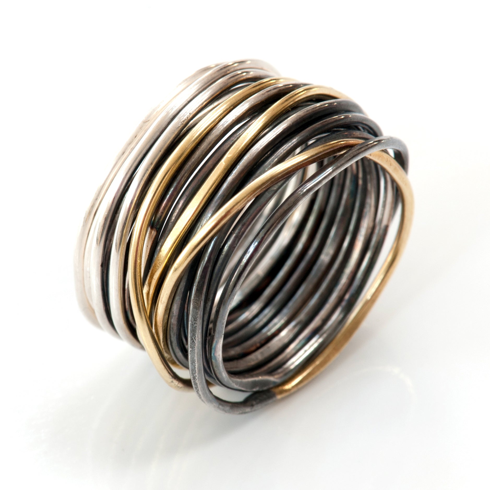 Three Gold Strand Part Oxidised Spaghetti Ring