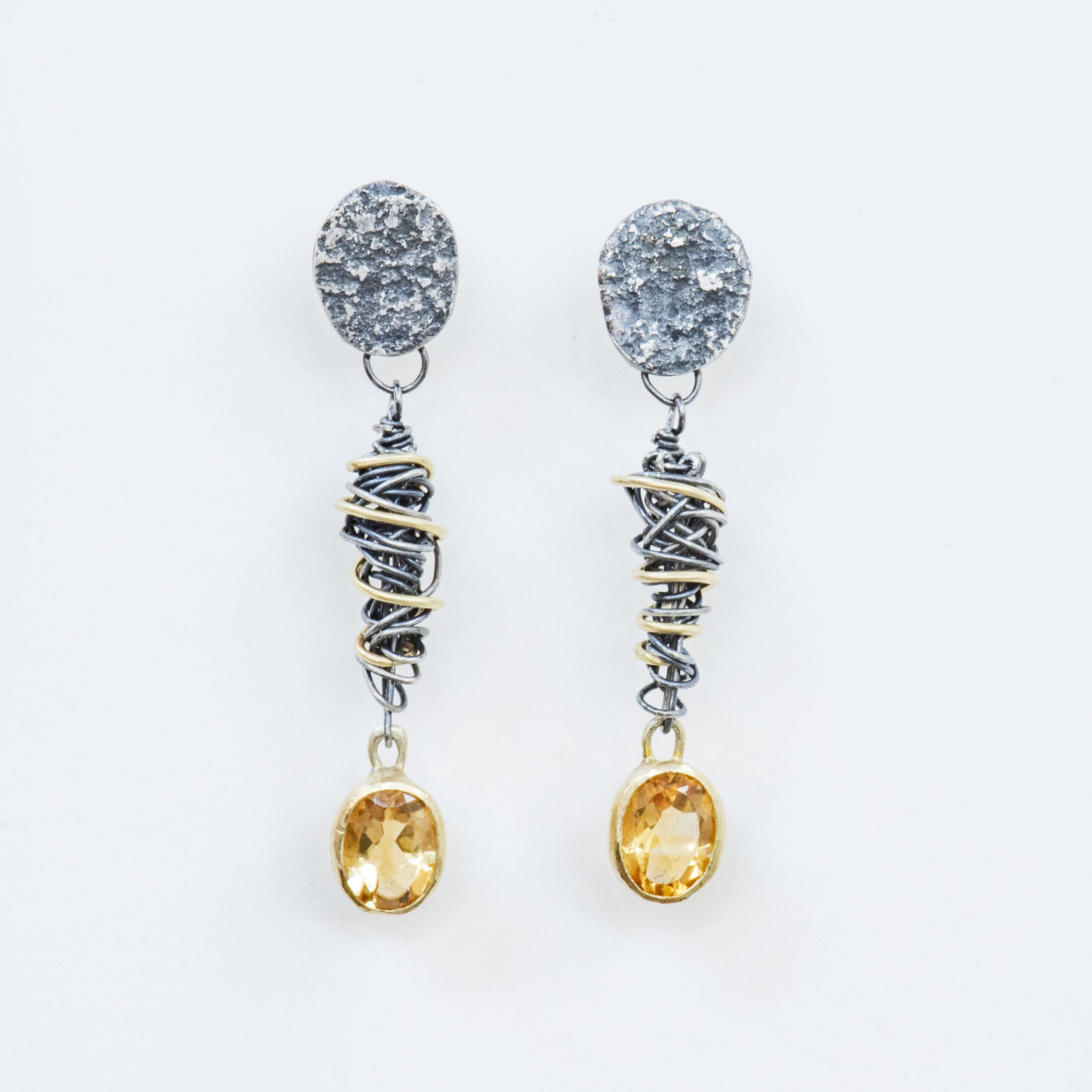 Citrine gold and silver coil disc earrings